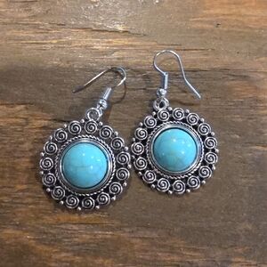 Fashion Jewelry Turquoise Blue Stone Silver-Tone Filigree Drop Earrings
